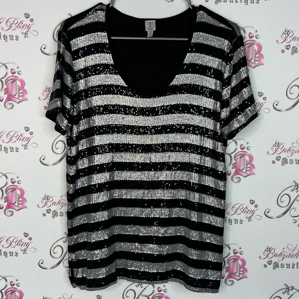 Tristan tshirt tee sequins sparkly glitter Black and Silver Sequin Striped Tee